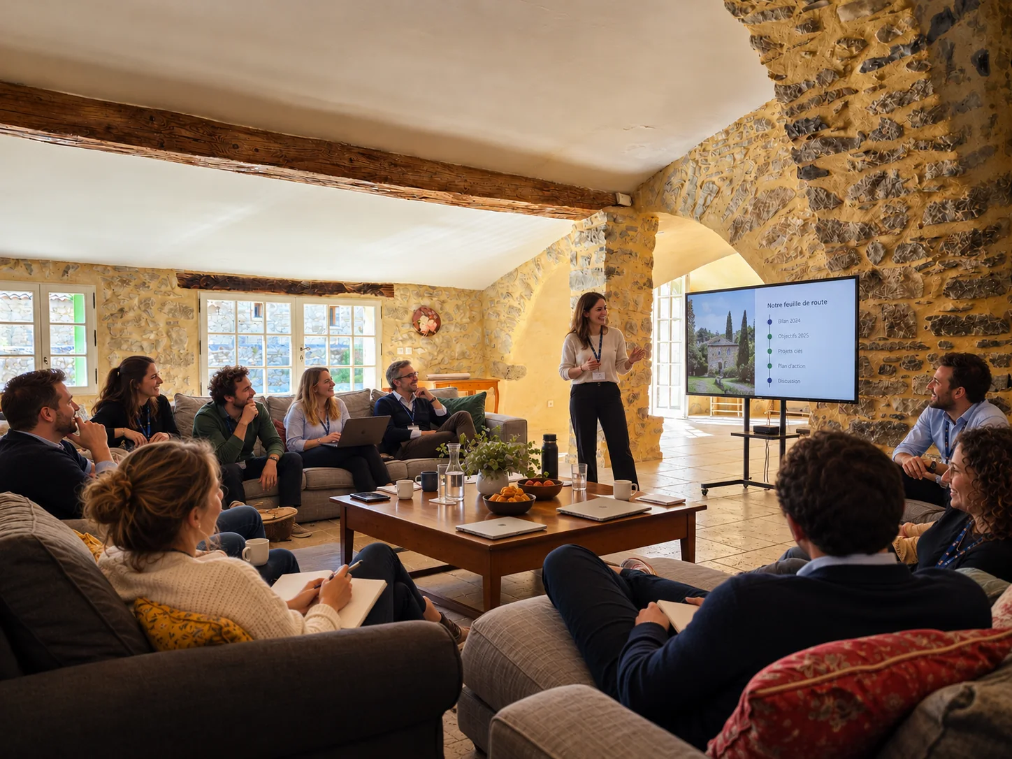 Un atelier de groupe dans un salon chaleureux aux murs en pierre