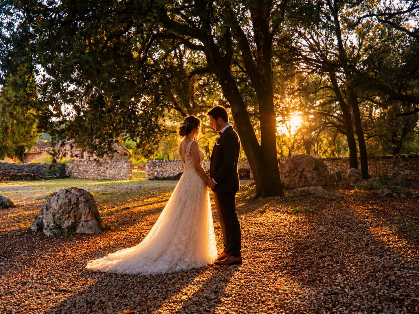Un couple de mariés sous les chênes au coucher du soleil